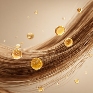 Hair strand infused with golden droplets illustrating the absorption and benefits of a luxury nourishing hair oil